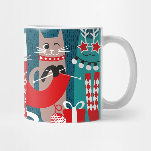 Feline Christmas vibes // pattern // dark teal background grey mint white brown and black kittens by SelmaCardoso